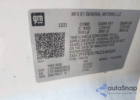 2022 Chevrolet Silverado Ltd K1500 Lt Trail Boss z USA, uszkodzony, nr VIN 1GCPYFED7NZ146324